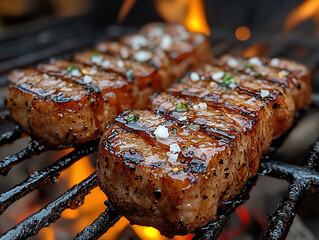 Pork steak sizzling on the grill with flames licking the sides, seasoned with black pepper and sea salt, with a backdrop of an outdoor BBQ in the evening.