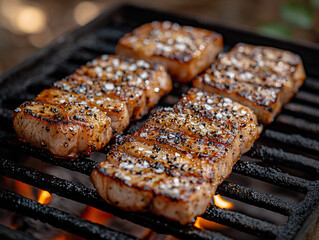 Pork steak sizzling on the grill with flames licking the sides, seasoned with black pepper and sea salt, with a backdrop of an outdoor BBQ in the evening.