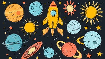 Colorful space-themed illustration featuring a rocket and various celestial bodies.