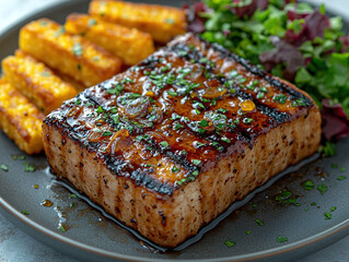 Pork steak with caramelized onions and red wine reduction, paired with crispy polenta fries and a mixed green salad, on a deep gray stoneware plate, with a rustic background.
