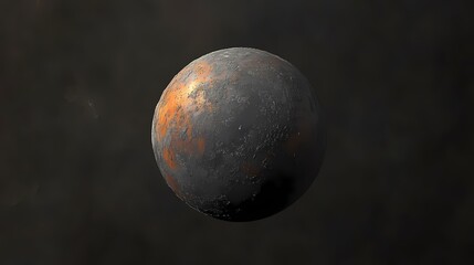 A distant planet with a rugged surface, showcasing hues of gray and orange.