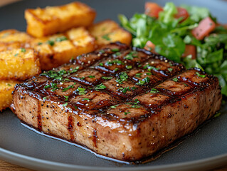 Pork steak with caramelized onions and red wine reduction, paired with crispy polenta fries and a mixed green salad, on a deep gray stoneware plate, with a rustic background.