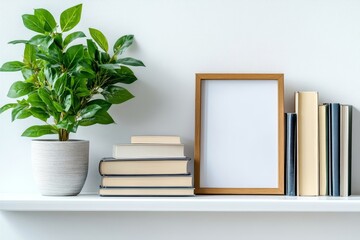 Minimalistic home decor of interior with two brown wooden mock up photo frames on the white shelf with books, beautiful plant in stylish pot and home accessories. White, Generative AI