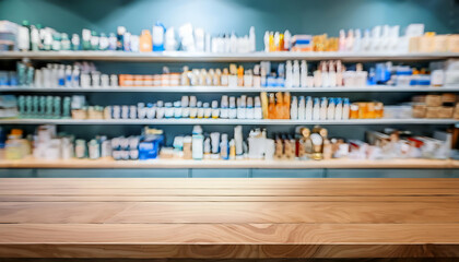  close-up of a wooden pharmacy counter with the backdrop of neatly arranged healthcare products on softly blurred shelves, conveying a professional and organized drugstore feel