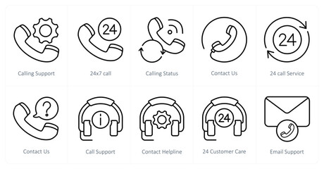 A set of 10 Customer Support icons as calling support, 24x7 call, calling status