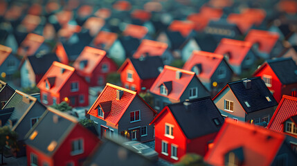 Fototapeta premium A concept where the bad houses among many houses are marked in red, 3d rendering