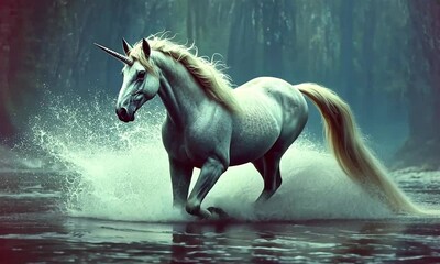A majestic unicorn leaps through water, surrounded by a mystical forest atmosphere.