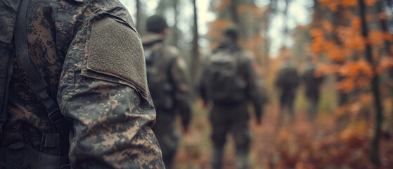 A group of soldiers, dressed in camouflage, moves cautiously through a vibrant autumn forest, fostering unity and focus during their training exercise