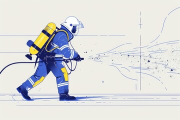 Obraz premium Firefighter Extinguishing Flames with Water Hose