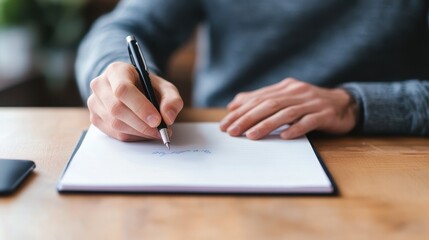 A close-up of a person writing on a blank page with a pen, showcasing creativity and focus in a serene workspace.
