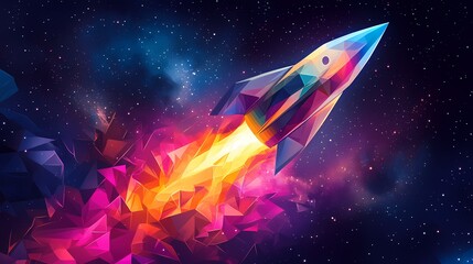 Naklejka premium A vibrant graphic of a rocket launching through a colorful galaxy.