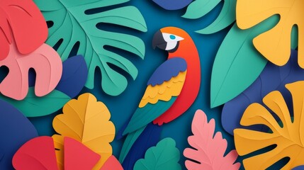 Colorful Paper Cutout Parrot in Tropical Leaves