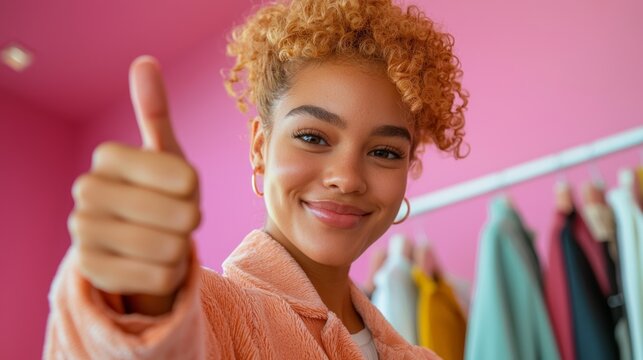 Happy Personal Stylist with Thumbs Up in Trendy Boutique Surrounded by Satisfied Clients and Fashion Racks - Ultra-Detailed Image of Fashion Consultation and Success