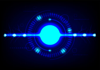 Futuristic tech circle glowing and neon with spark lighting on dark blue abstract technology background. Electric power concept.