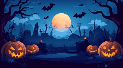 Fototapeta premium Spooky Halloween scene with glowing jack-o'-lanterns and a full moon.