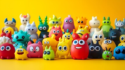 Obraz premium Colorful collection of cute, fun monster figurines on a vibrant yellow background.