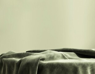 Green velvet fabric cloth throw blanket on podium table in sunlight on wall for luxury, elegant...