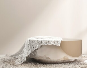 Round gold chrome podium table on shag rug with white lace throw blanket in sunlight on beige wall for luxury, elegant cosmetic, skincare, body care, beauty product display background 3D