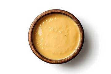 Pot of delicious cheese fondue top view isolated on white background