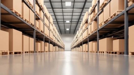 Obraz premium Cardboard Boxes on Shelves in Warehouse.