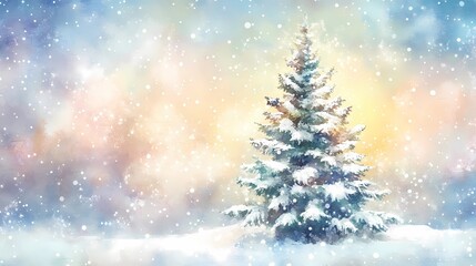 Fototapeta premium Beautiful winter background featuring a snow-covered tree against a pastel snowy landscape