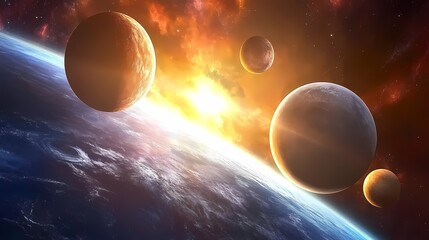 A breathtaking cosmic scene featuring planets orbiting a glowing sun.