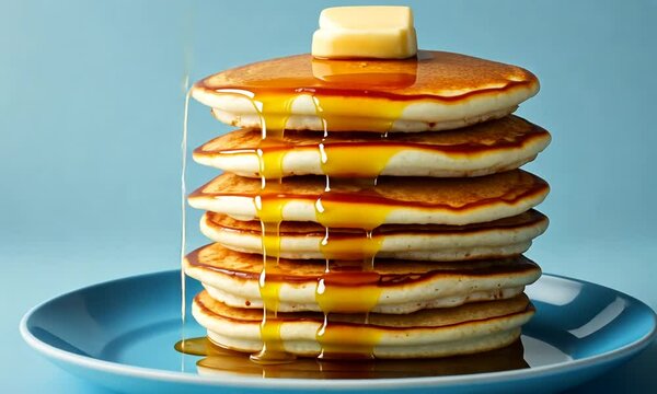 A stack of fluffy pancakes topped with butter and syrup on a blue plate against a light background.