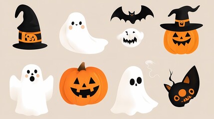 Playful Halloween illustrations featuring ghosts, pumpkins, and bats.