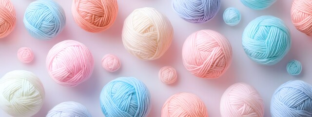 Obraz premium A pastel-colored background featuring balls of yarn in various shades, arranged neatly to create an abstract pattern that evokes the feeling of knitting and crocheting