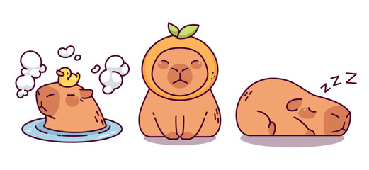 Cute capybara in different poses. Cartoon vector set of capibara lying and sleeping, sitting with orange hat on head, taking bath in water with foam and rubber duck toy. Funny rodent animal character.