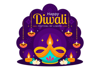 Diwali Festival of Lights Vector Illustration featuring Traditional Indian Rangoli Decoration, Festive Lamp and Fireworks in a Holiday Flat Background
