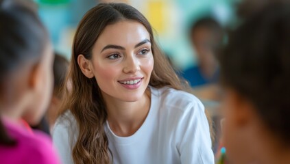 portrait of attractive young woman teacher talking to her students in the classroom