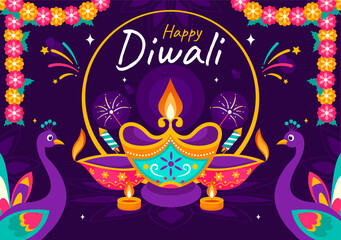 Diwali Festival of Lights Vector Illustration featuring Traditional Indian Rangoli Decoration, Festive Lamp and Fireworks in a Holiday Flat Background