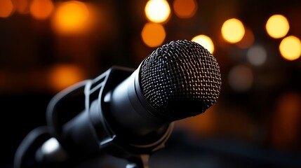 Obraz premium Close-up of a professional microphone on a stand with warm bokeh lights in the background.