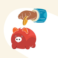 Piggy bank with dollar coin currency, hand putting coins into piggy bank