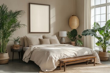 Fototapeta premium Interior design of bedroom interior with mock up poster frame, bed, green bedding, wooden bench, sideboard, plants, armchair, beige wall and personal accessories. Home decor, Generative AI