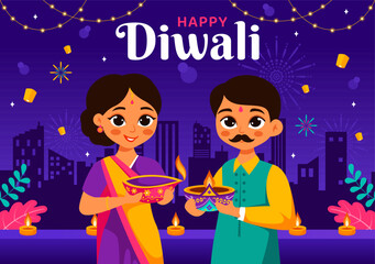 Diwali Festival of Lights Vector Illustration featuring Traditional Indian Rangoli Decoration, Festive Lamp and Fireworks in a Holiday Flat Background