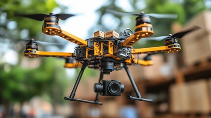 A delivery drone equipped with a camera hovers while carrying small packages, showcasing modern logistics, aerial delivery, and drone technology.