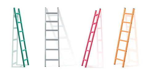 3d vector ladder leaning on white wall with shadow. Realistic illustration set of metal stepladder in different angles. building and renovation climbing aluminum construction. Portable steel staircase