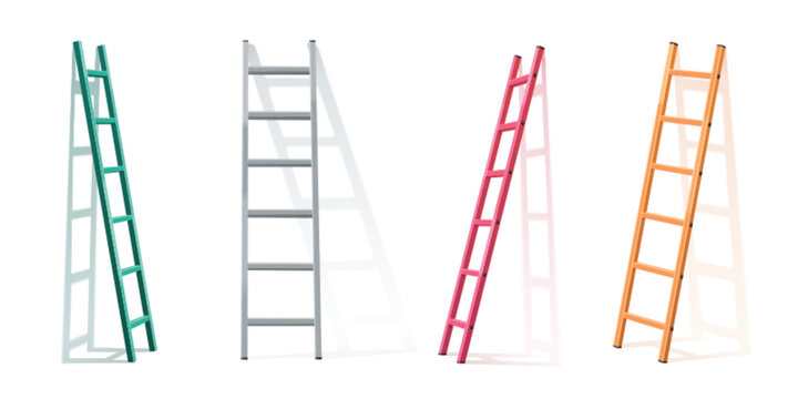 3d vector ladder leaning on white wall with shadow. Realistic illustration set of metal stepladder in different angles. building and renovation climbing aluminum construction. Portable steel staircase