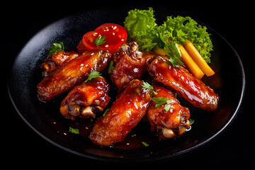 Top view of Baked wings in spicy asian sweet and sour sauce isolated on dark background
