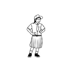 elementary school girls wear black and white uniform hats vector line art