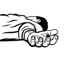 the top of an unrecognized male corpse lying on the ground black and white vector line art