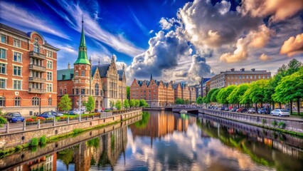 Naklejka premium A picturesque canal runs through a charming European town with traditional architecture.
