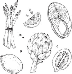 Fototapeta premium Artichoke, salmon, lemon, asparagus and pepper set of black and white sketches hand drawn with ink. Elements for cooking healthy food with fish. Objects for design of recipe, label, restaurant menu.
