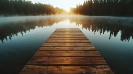 Obraz premium A peaceful scene of a sunrise over a tranquil lake with a wooden dock extending into the misty water, surrounded by lush forest reflecting the morning light.
