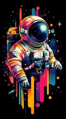 Vibrant astronaut in a colorful cosmic landscape, blending art and space exploration.
