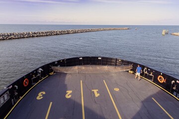 The Cedar Island Car Ferry sailing through the Pamlico Sound, Cedar Island, North Carolina, United States.