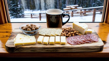 Cozy Snack Spread with Cheese and Coffee by the Window