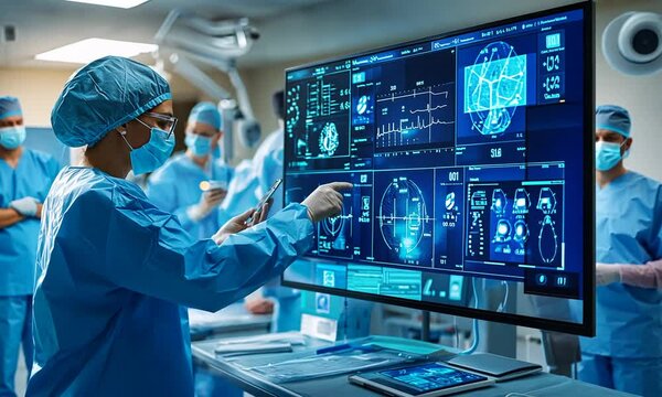 A medical professional interacts with advanced health monitoring technology in a clinical setting.